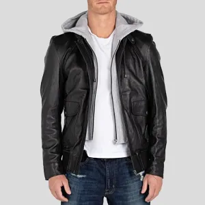 Marc Black Removable Hooded Leather Jacket for Men