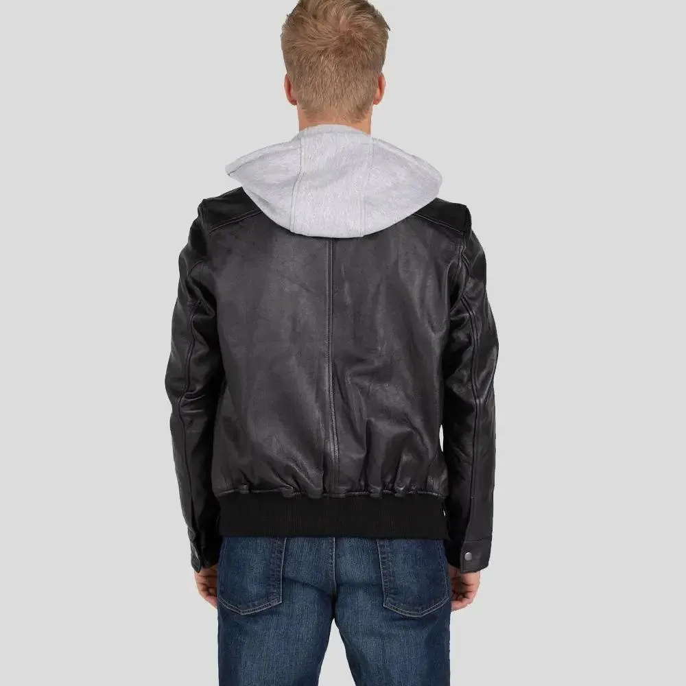 Marc Black Removable Hooded Leather Jacket for Men