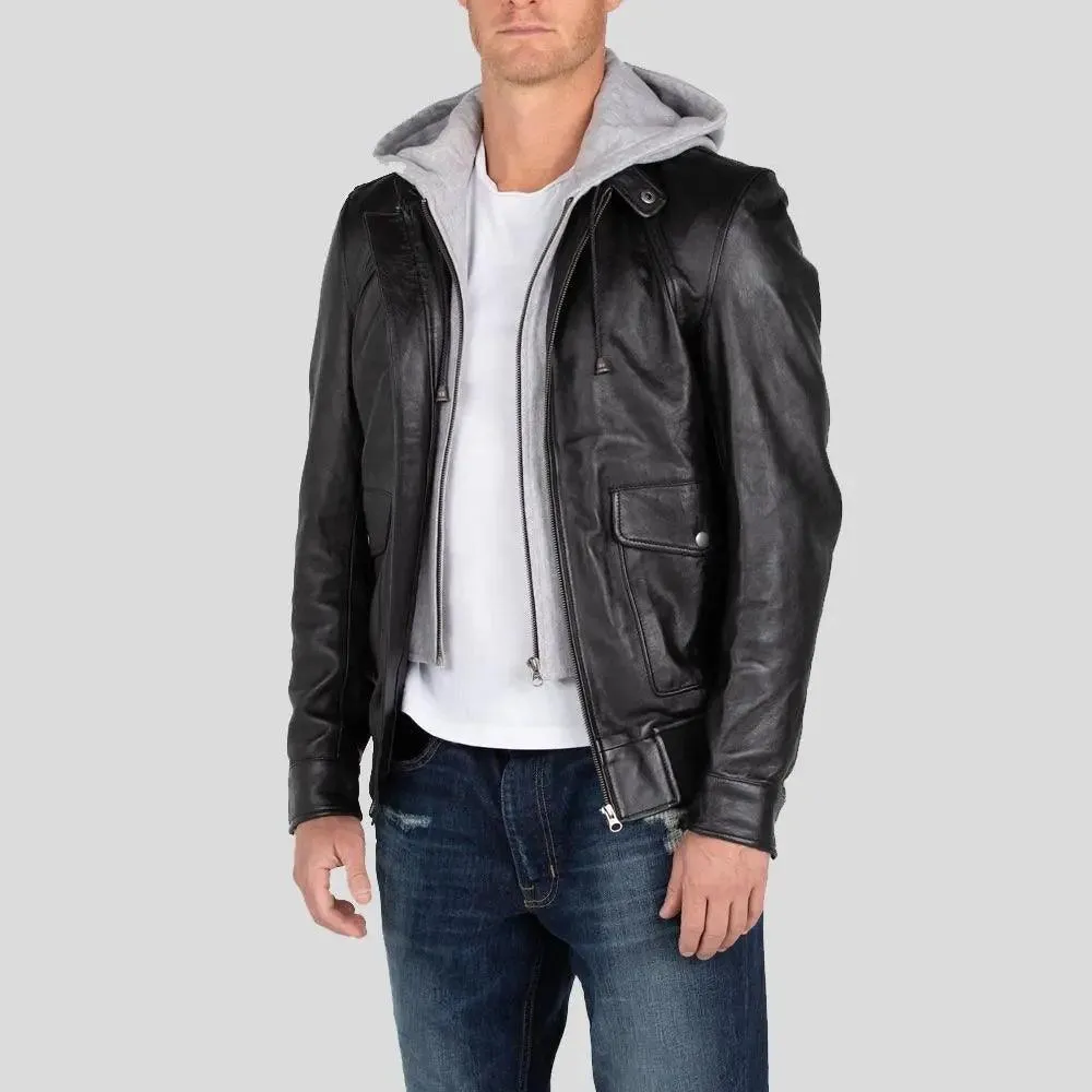 Marc Black Removable Hooded Leather Jacket for Men