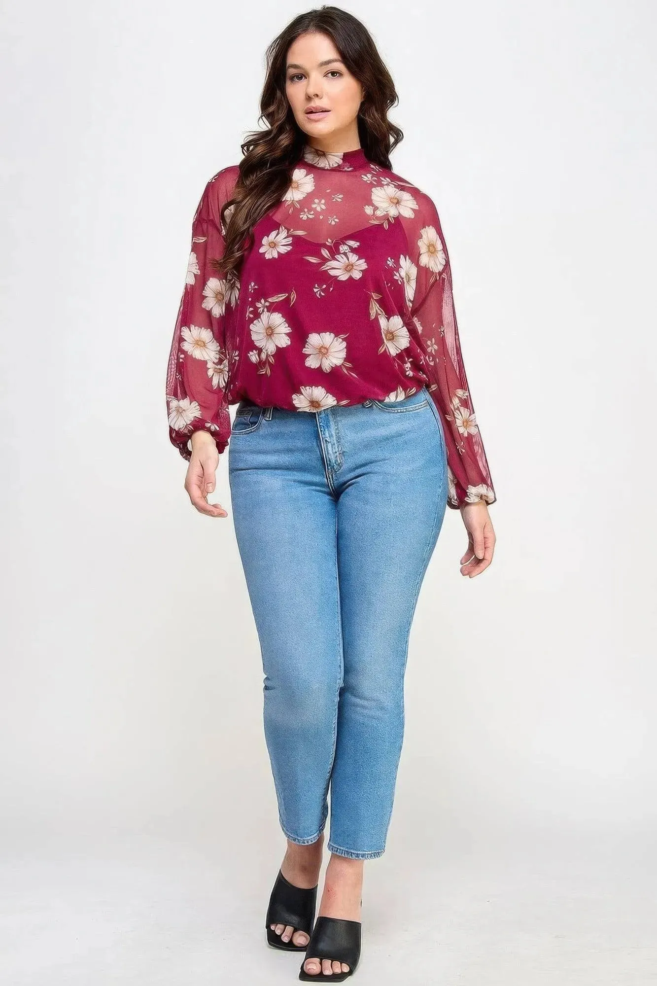 Mesh Floral Ls Top W/cami