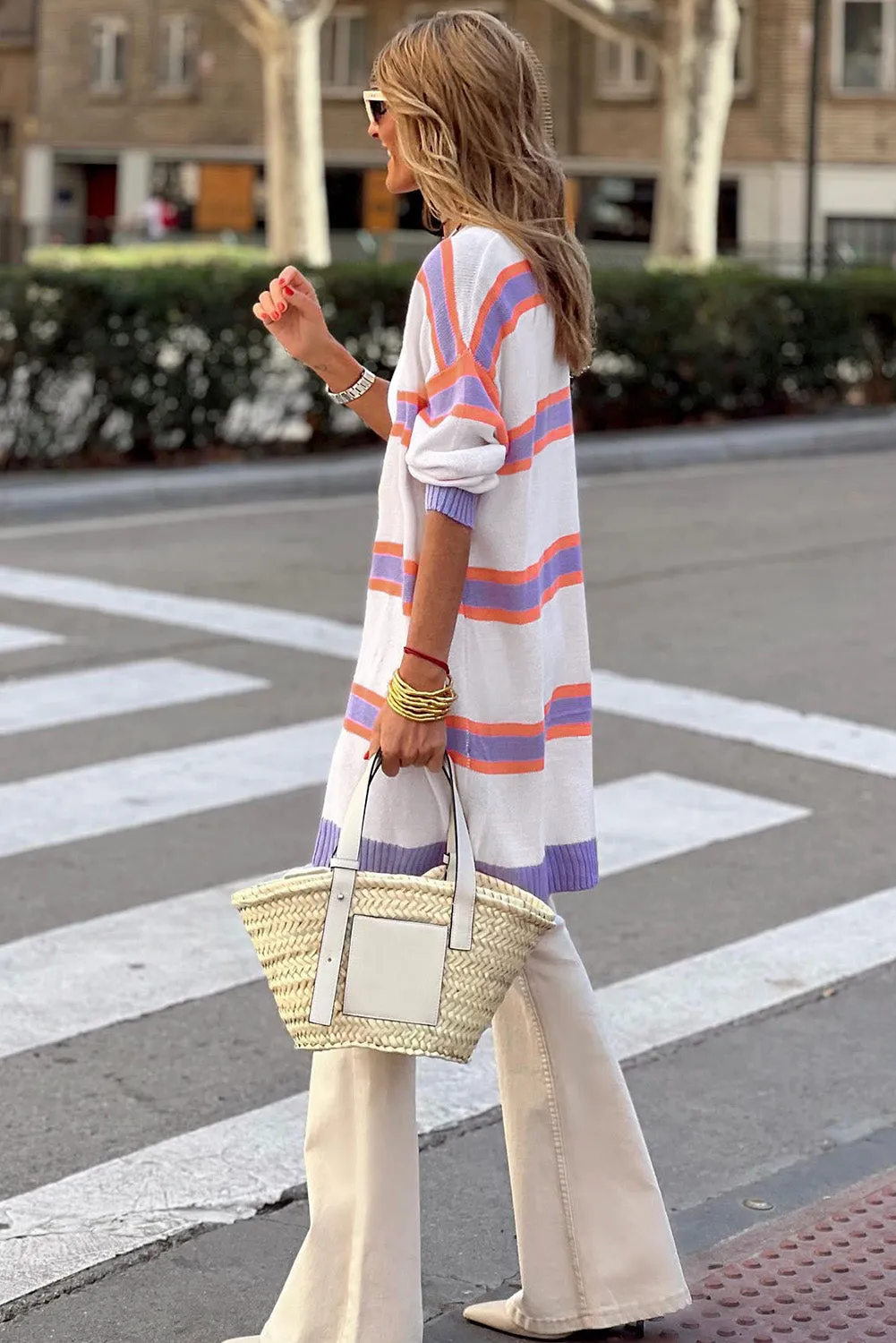 Multicolor Striped Long Sleeve Ribbed Trim Button Cardigan