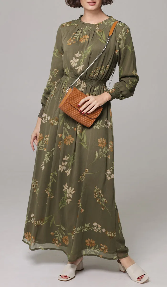 Nadia Smocked Print Chiffon Modest Long Maxi Dress - Olive