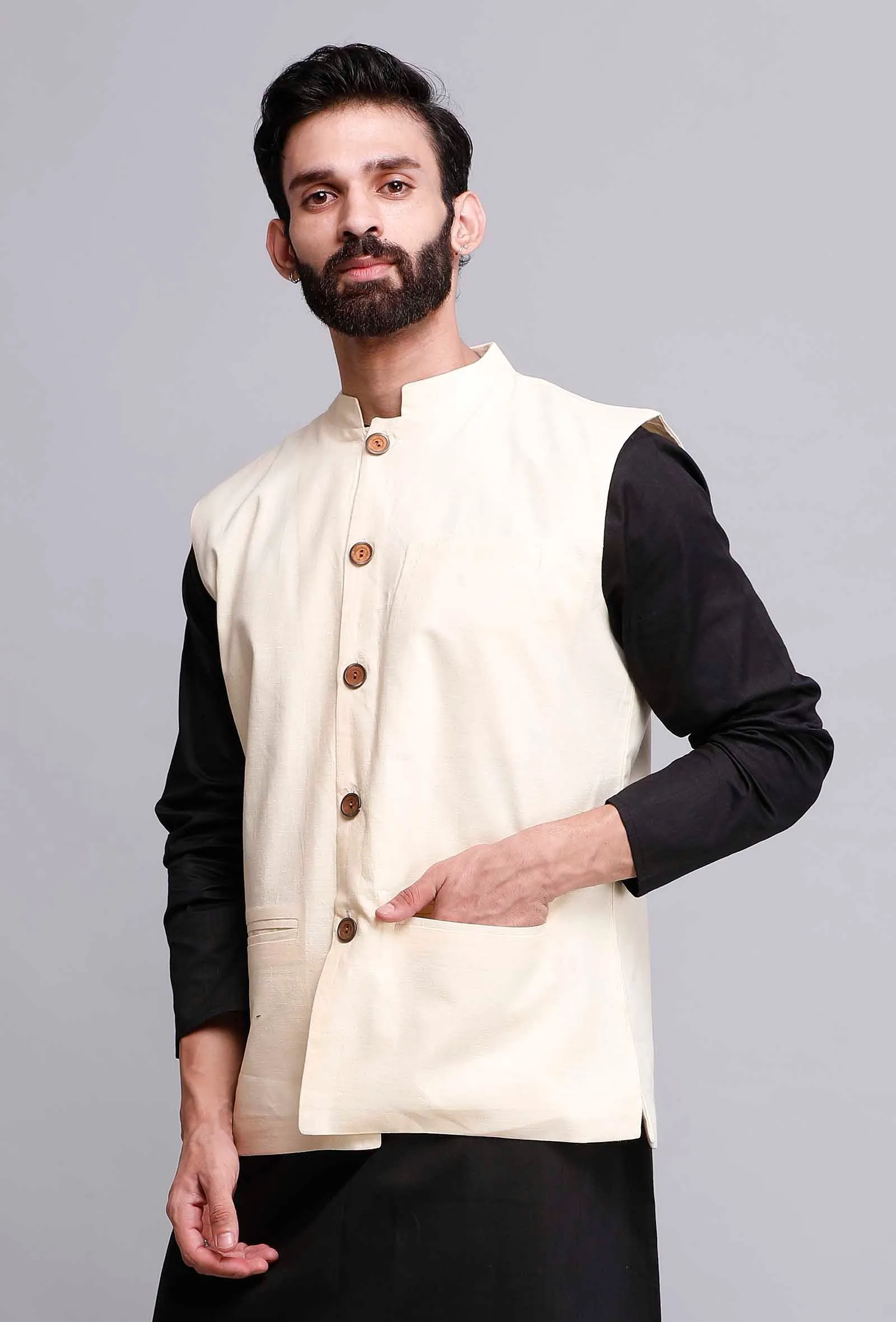 Off White Cotton Nehru Jacket