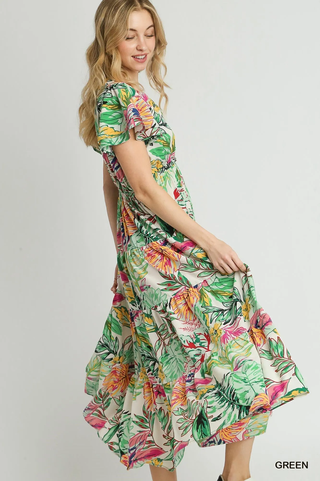 Palm Leaf Print and Floral V-Neck Dress