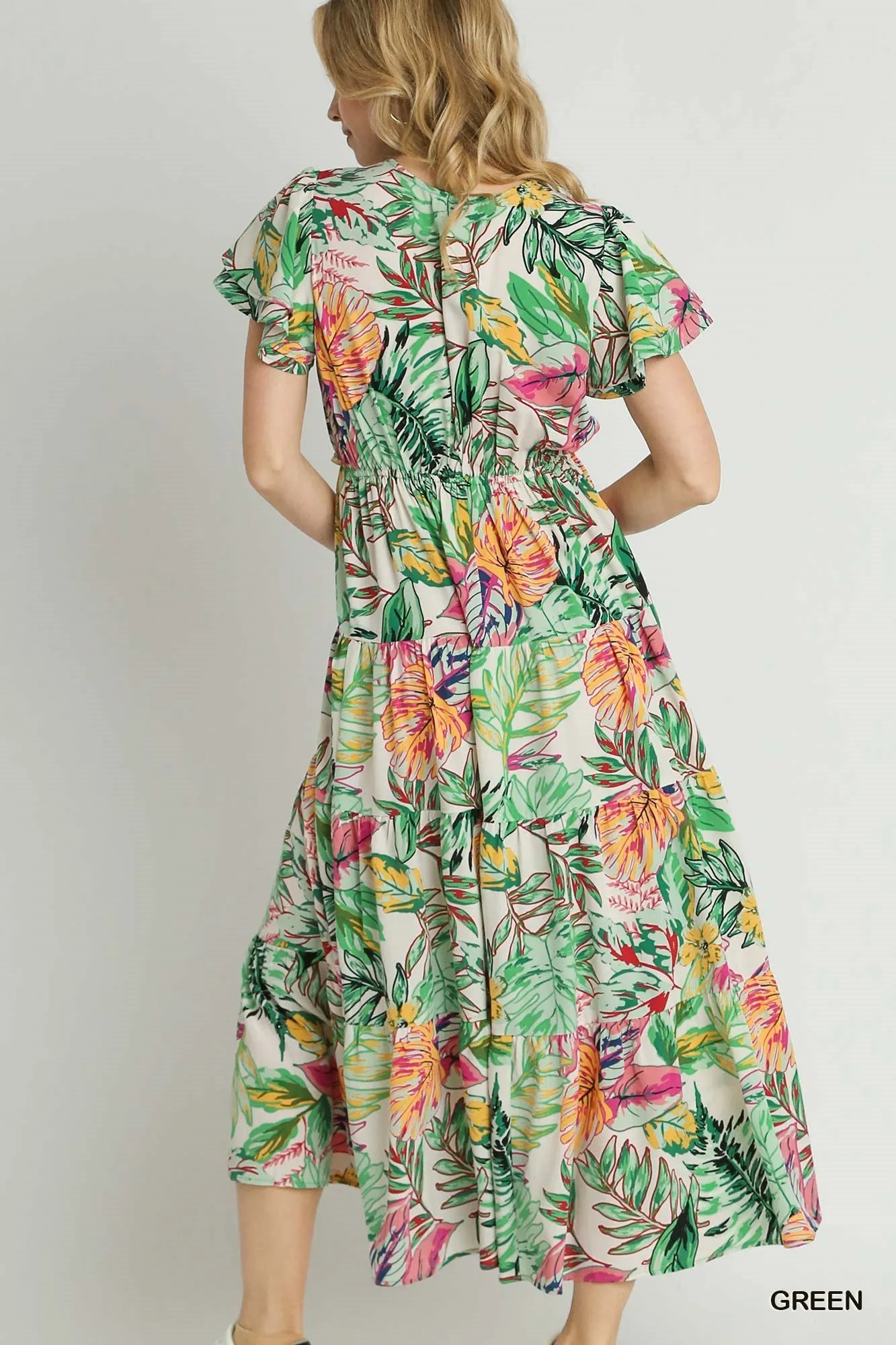 Palm Leaf Print and Floral V-Neck Dress