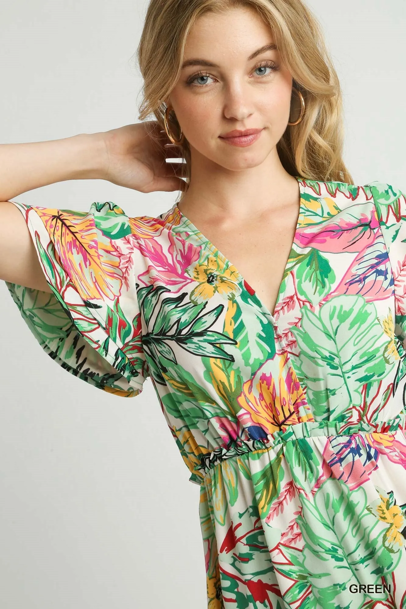 Palm Leaf Print and Floral V-Neck Dress