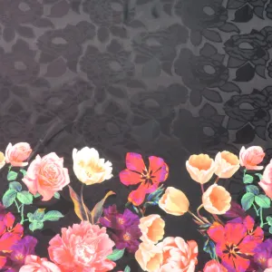 Pink Floral on Black Printed Polyester Mikado Fabric