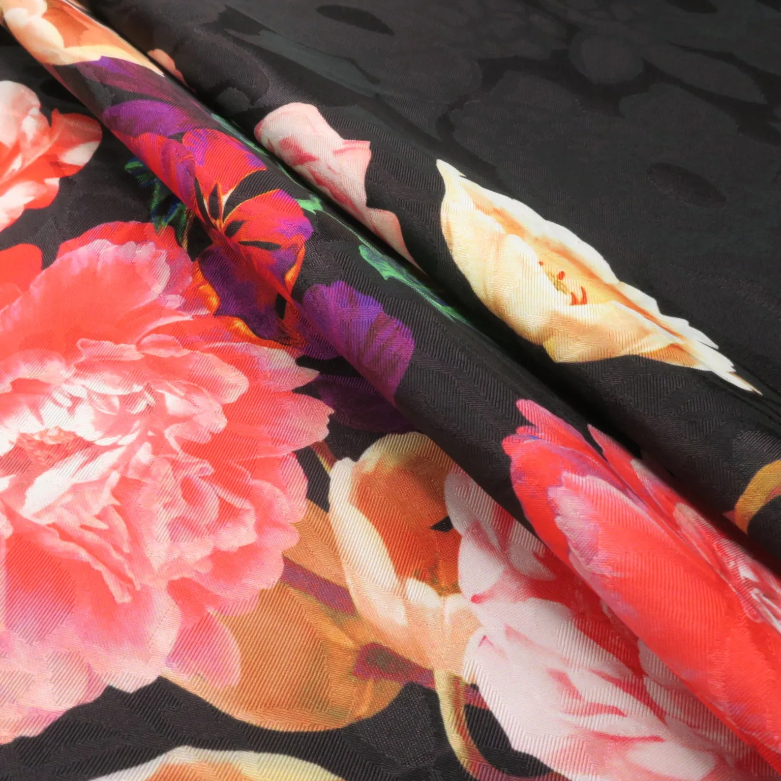 Pink Floral on Black Printed Polyester Mikado Fabric