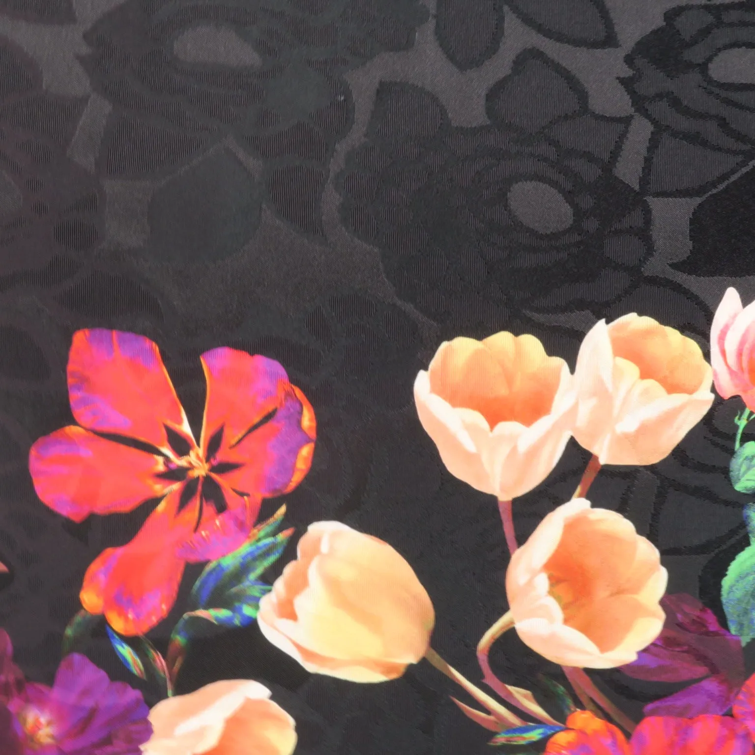 Pink Floral on Black Printed Polyester Mikado Fabric