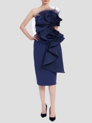 Pleated Ruffle Drape Strapless Dress in Navy