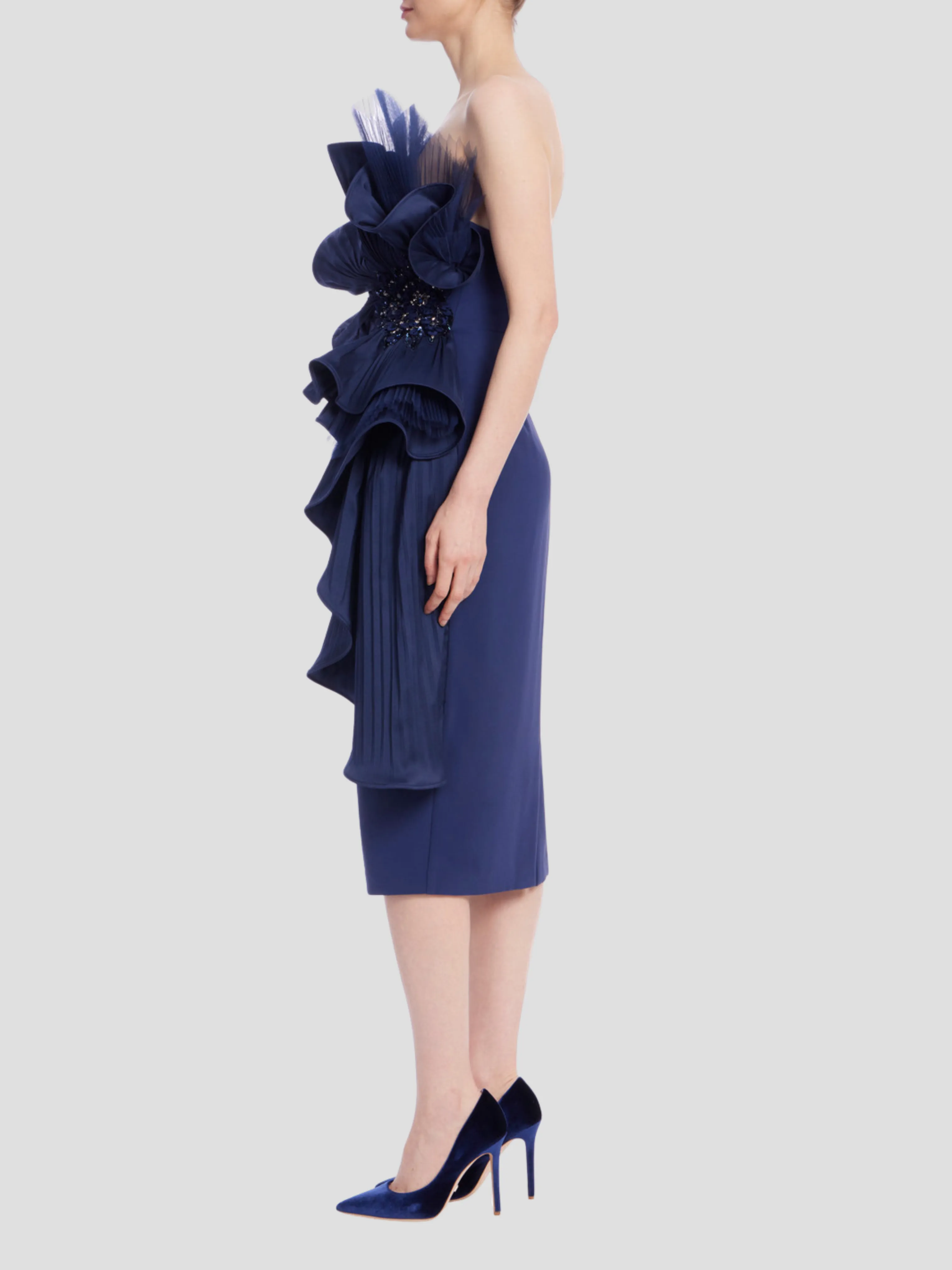 Pleated Ruffle Drape Strapless Dress in Navy