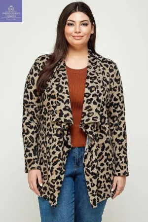 Plus Size, Animal Leopard Printed Knit Cardigan