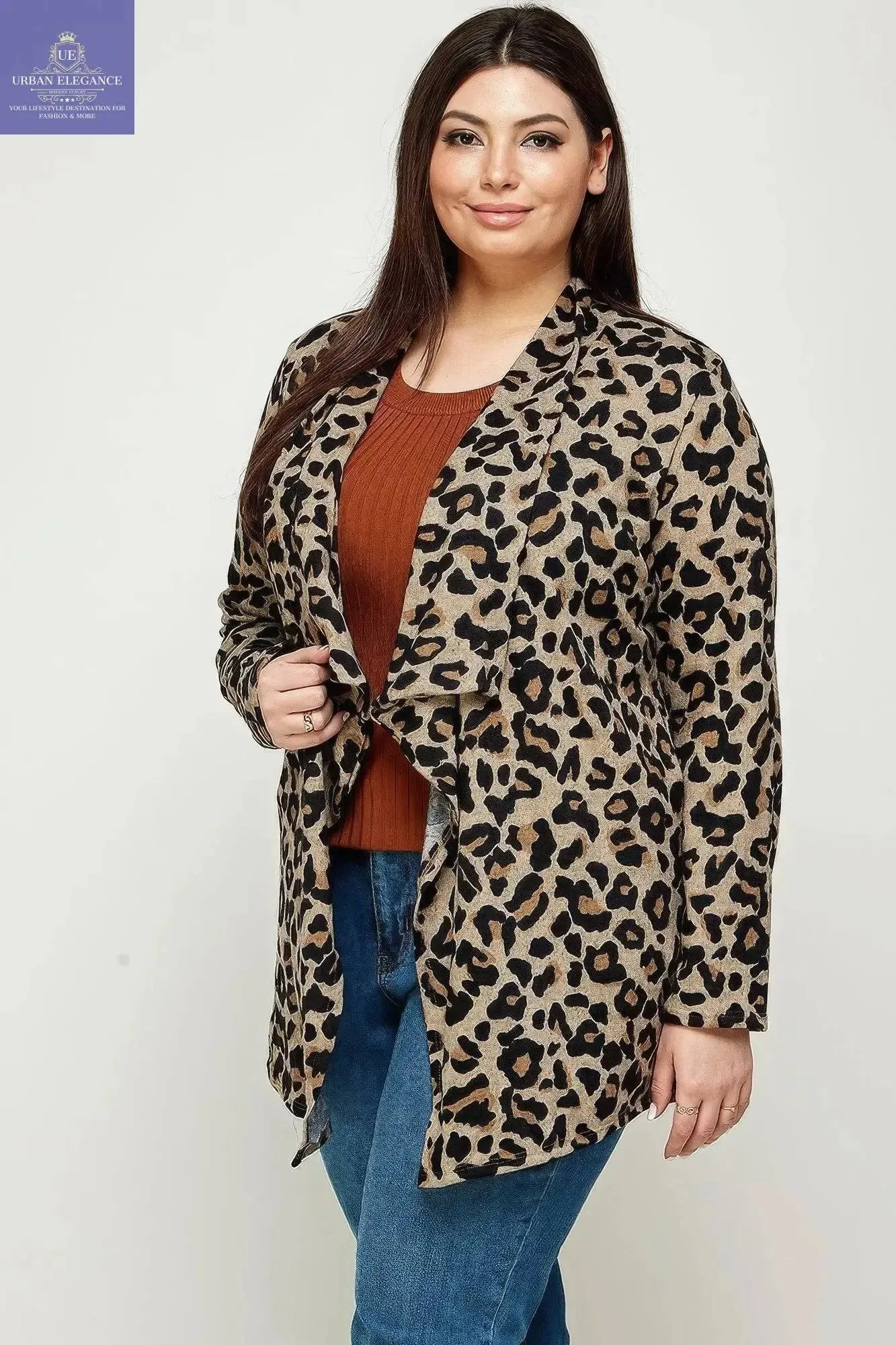 Plus Size, Animal Leopard Printed Knit Cardigan