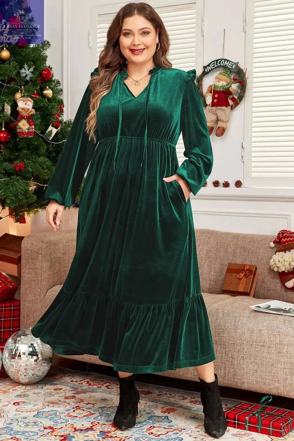 Plus Size Blackish Green Velvet Midi Dress