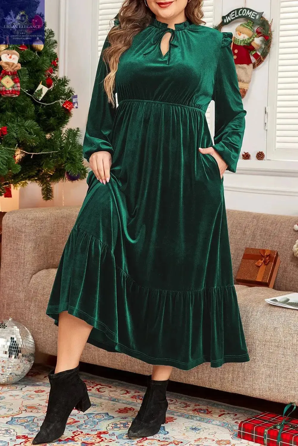 Plus Size Blackish Green Velvet Midi Dress