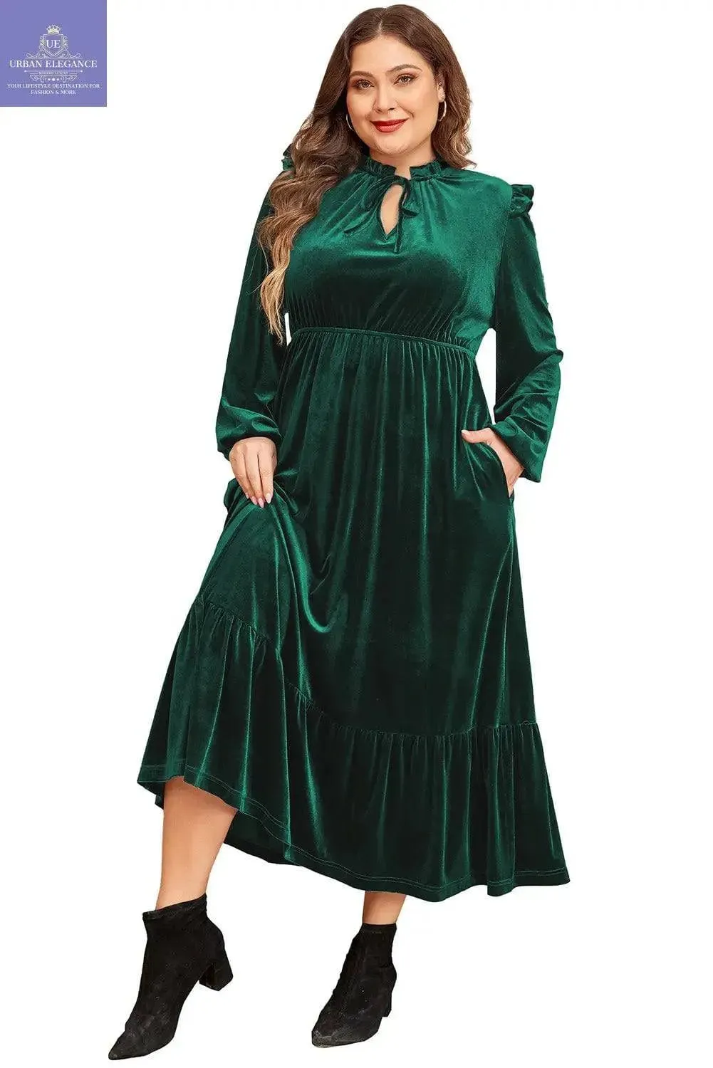 Plus Size Blackish Green Velvet Midi Dress