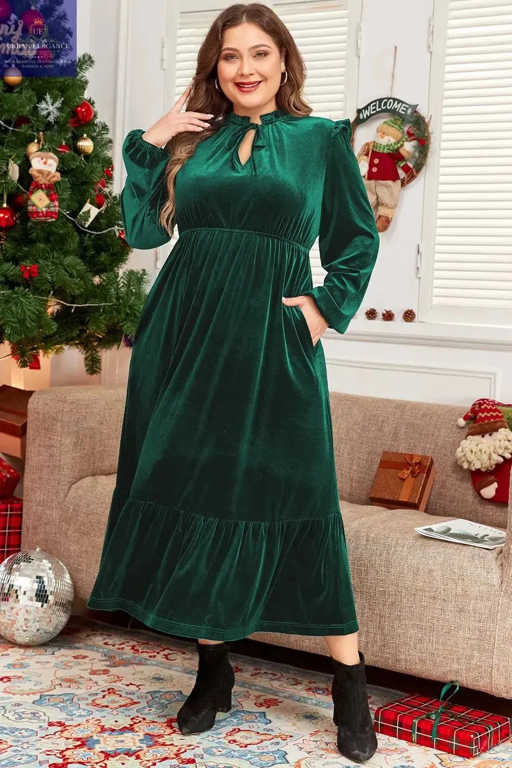 Plus Size Blackish Green Velvet Midi Dress