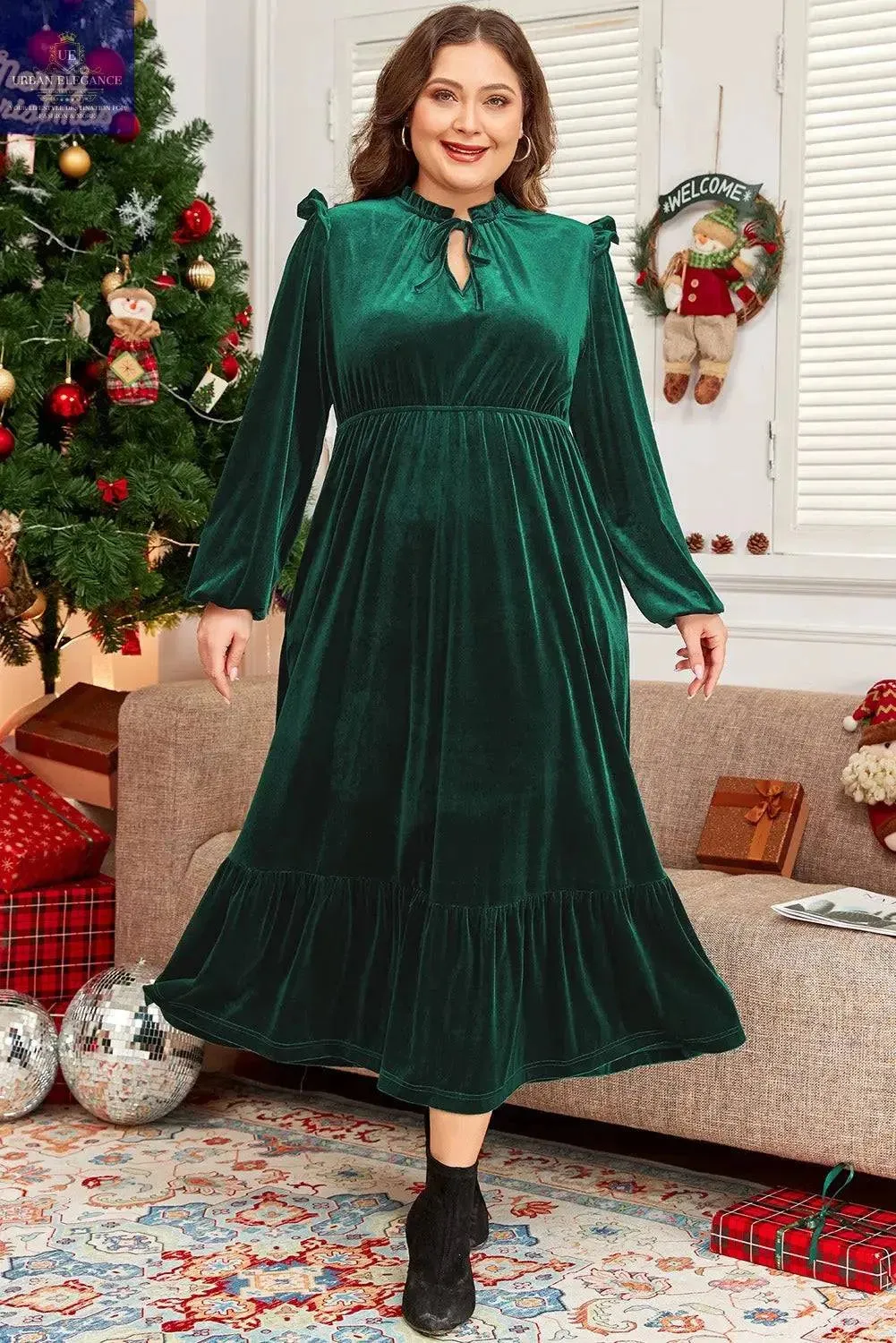 Plus Size Blackish Green Velvet Midi Dress