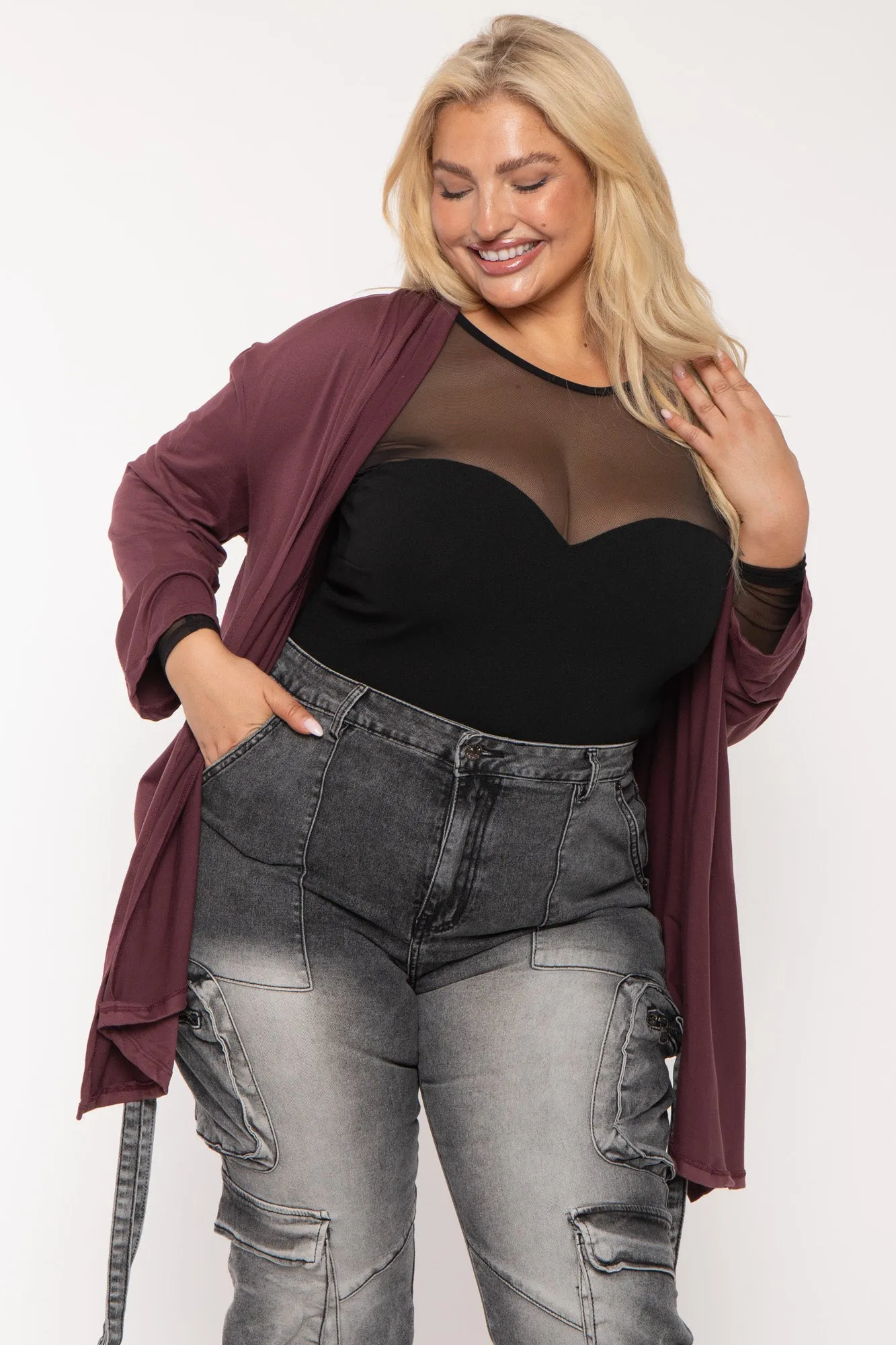 Plus Size Gayle Drape  Cardigan - Plum