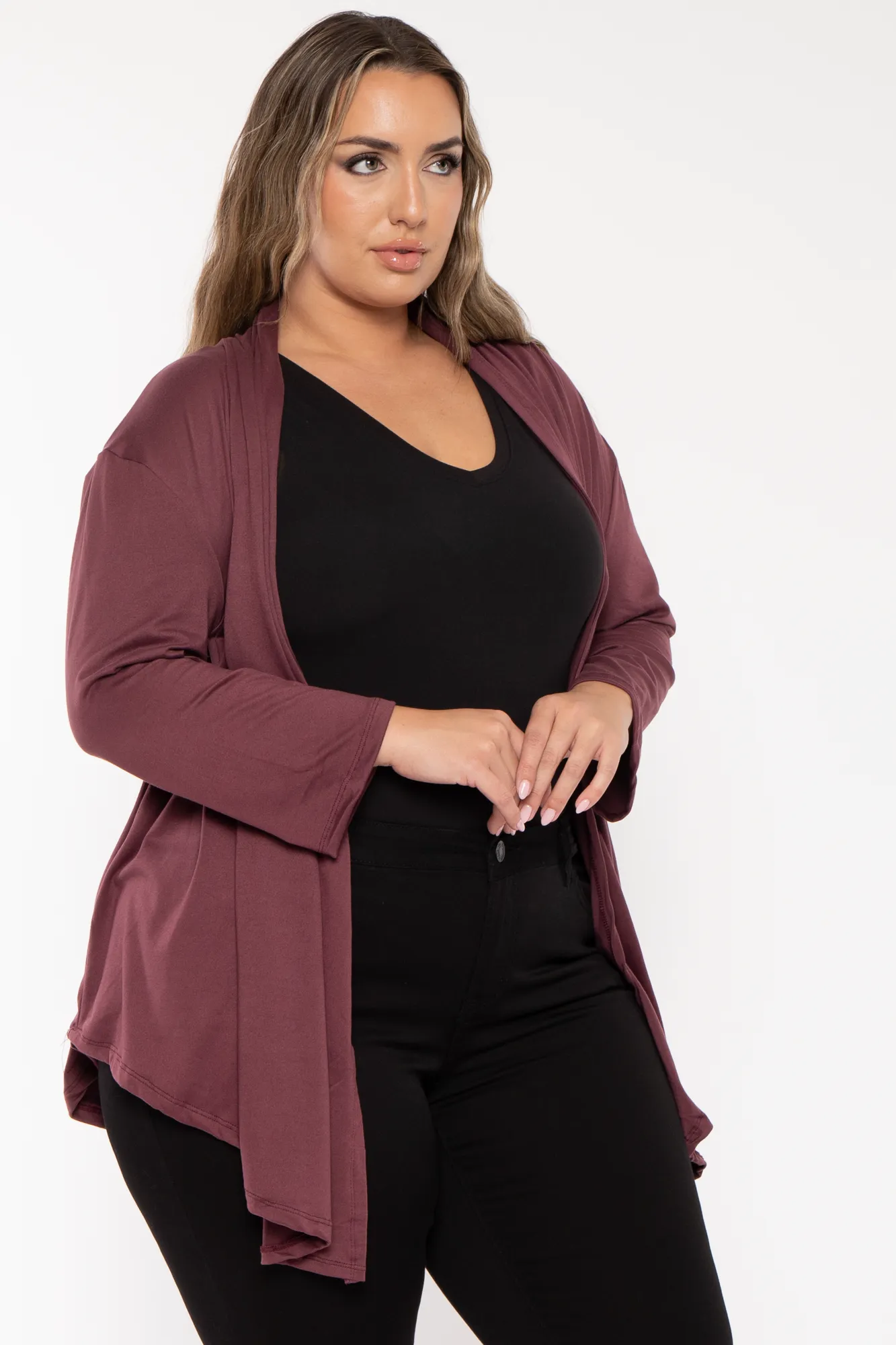 Plus Size Gayle Drape  Cardigan - Plum