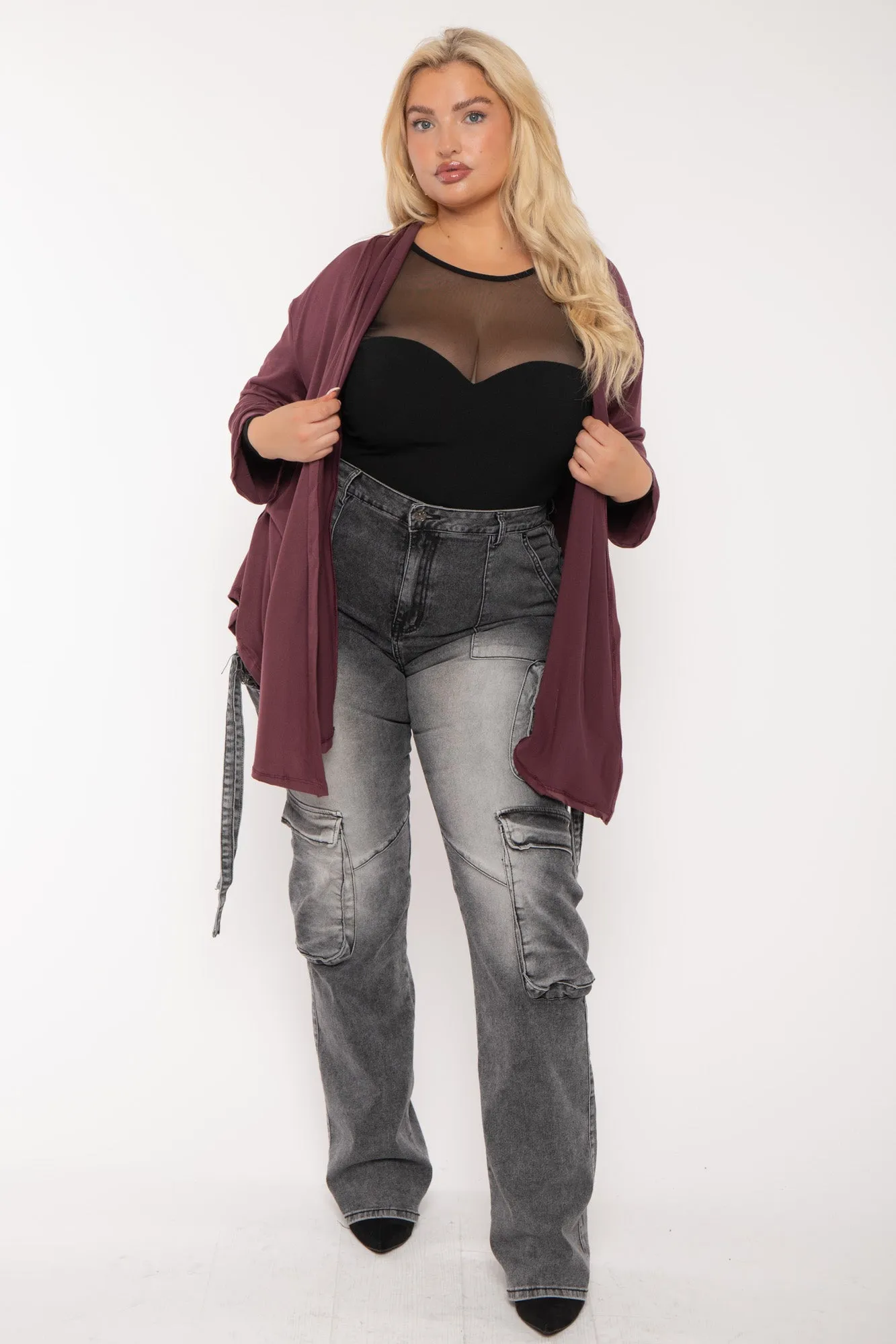 Plus Size Gayle Drape  Cardigan - Plum