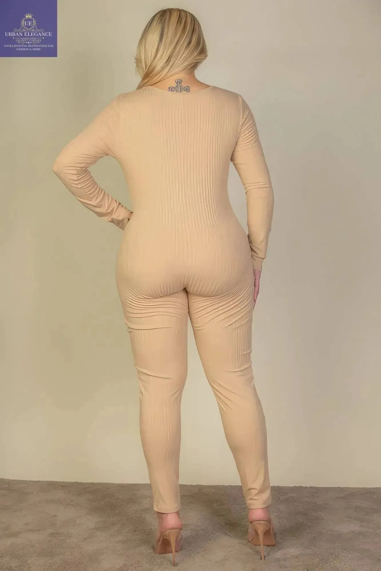 Plus Size Ribbed Long Sleeve Jumpsuit