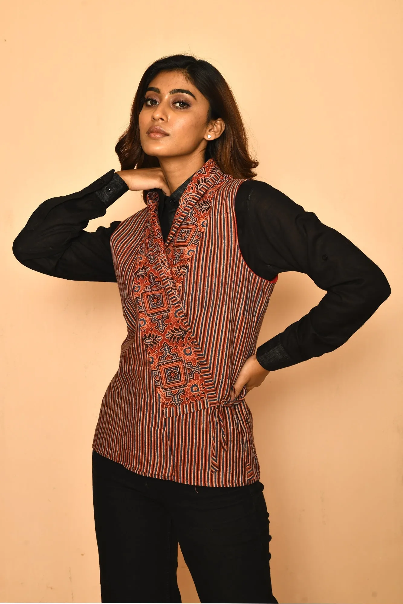 Red Cotton Ajrakh Printed Shwal Blazer