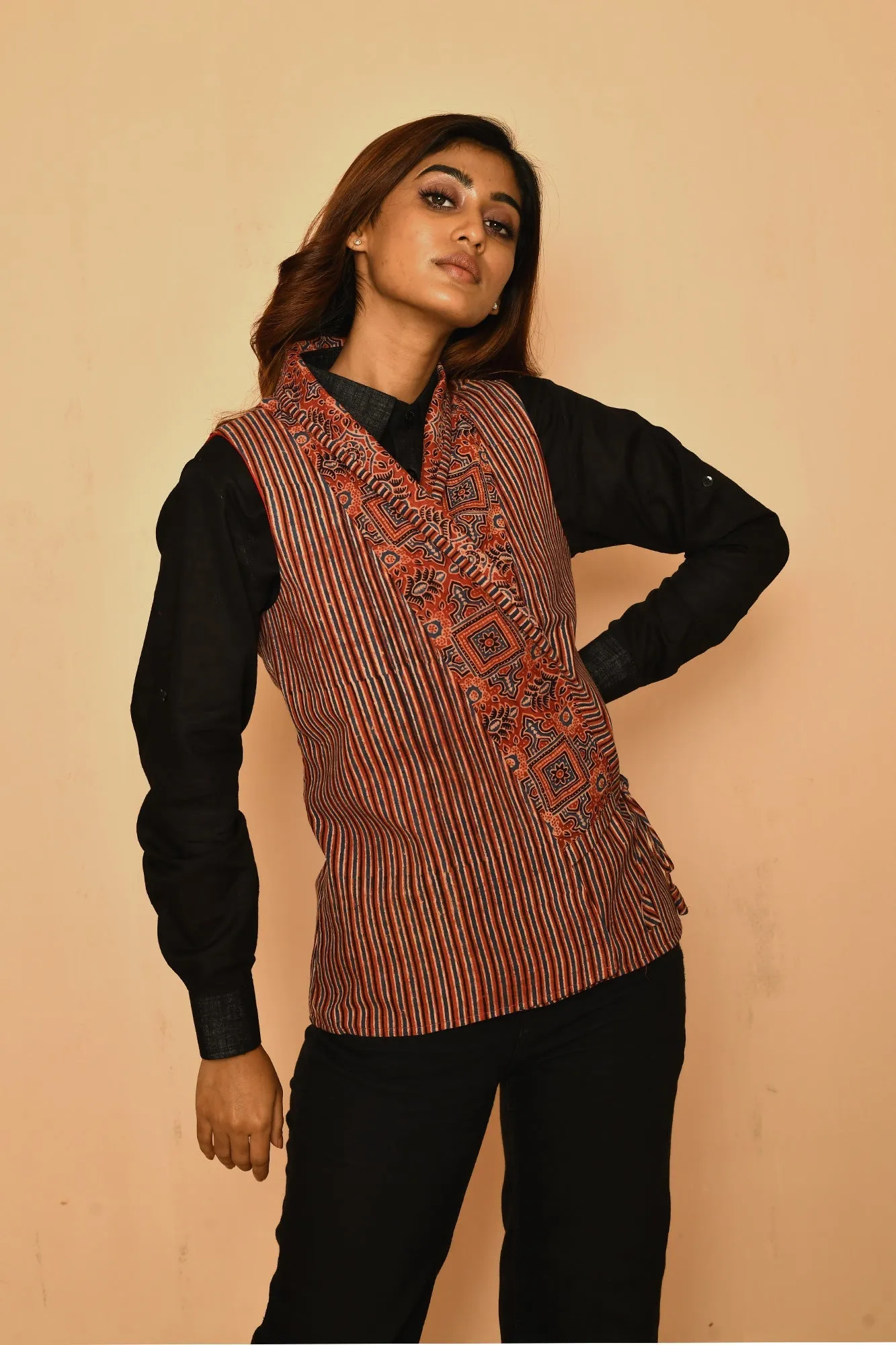 Red Cotton Ajrakh Printed Shwal Blazer