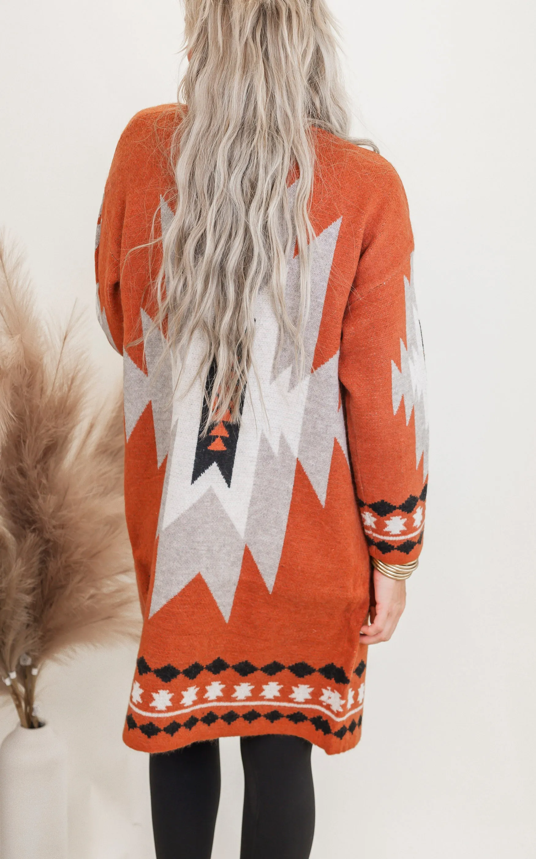 Rust Tribal Geometric Print Long Cardigan