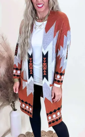 Rust Tribal Geometric Print Long Cardigan