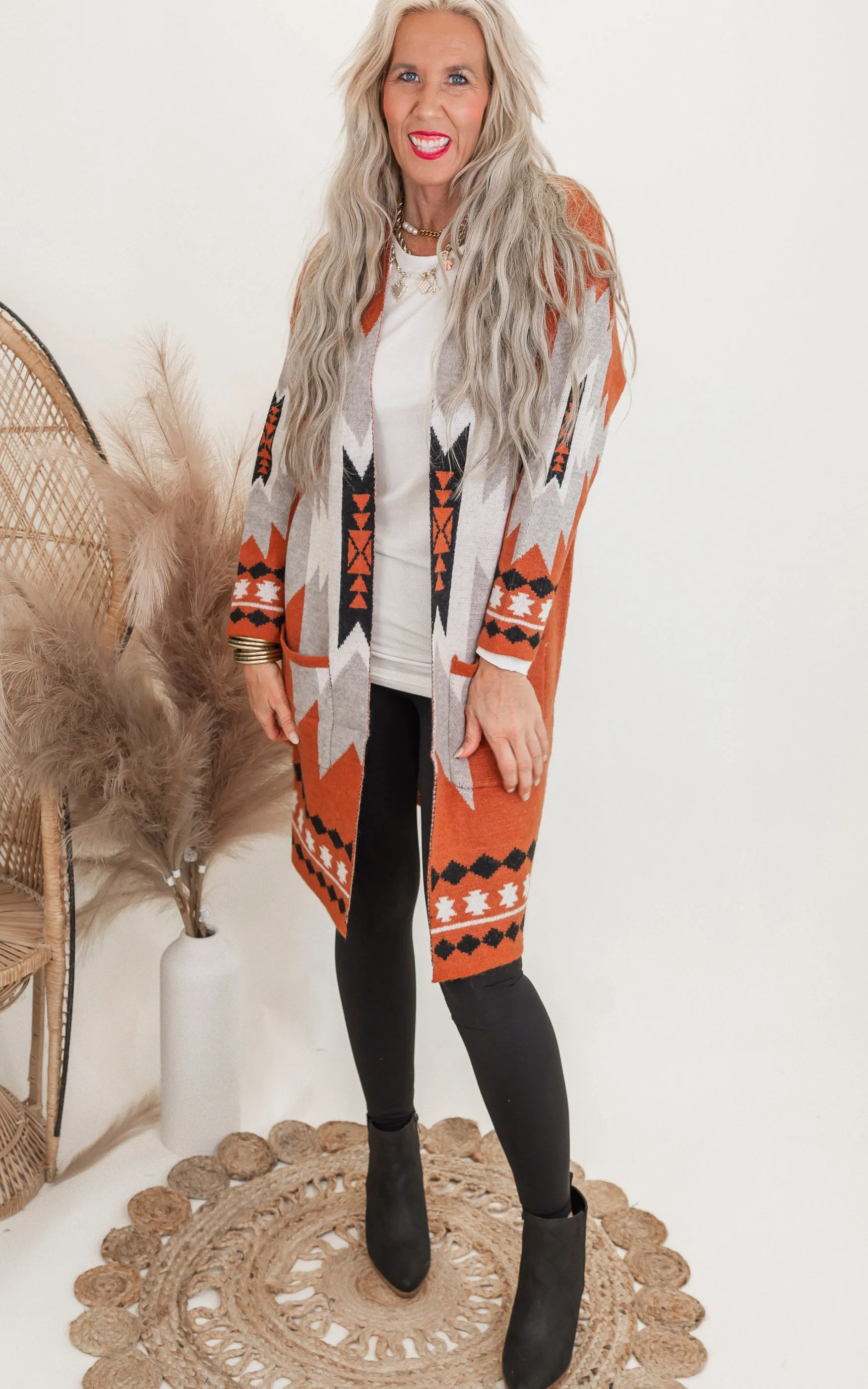 Rust Tribal Geometric Print Long Cardigan