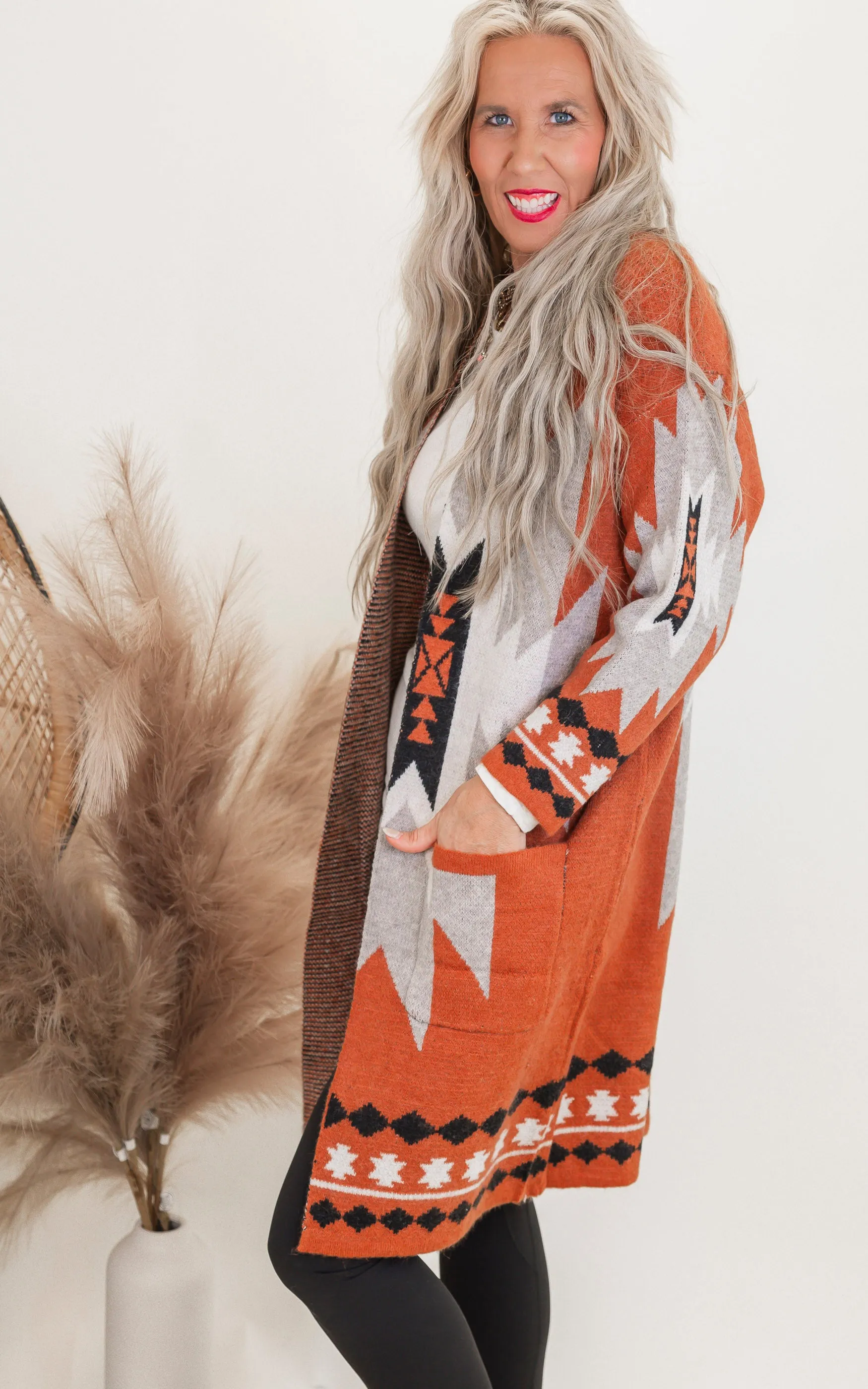 Rust Tribal Geometric Print Long Cardigan