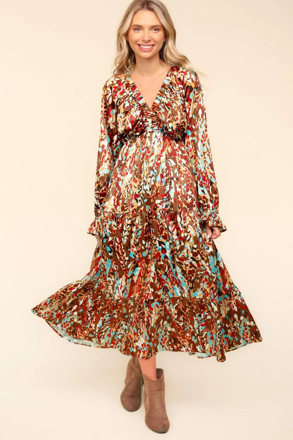 Satin Floral Long Sleeve Babydoll Maxi Dress - Mocha