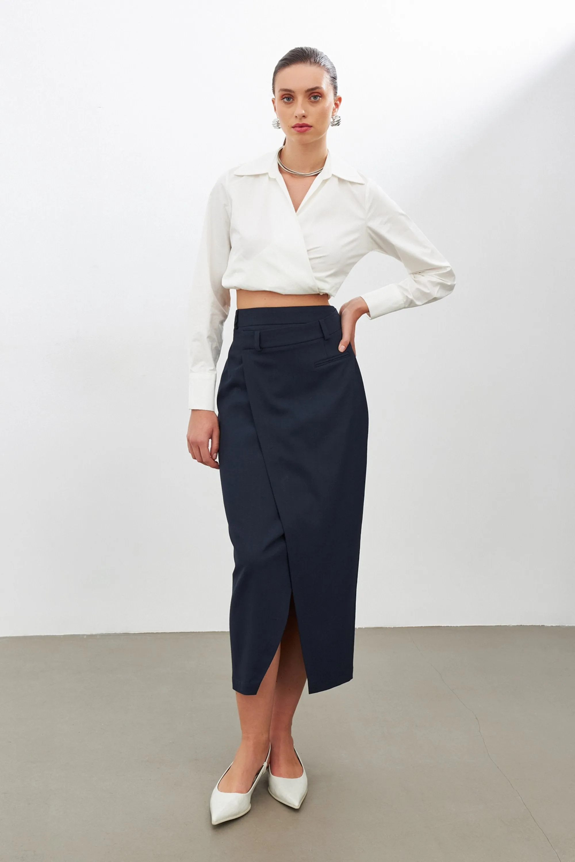 Setre Asymmetric Detail Midi Skirt Navy