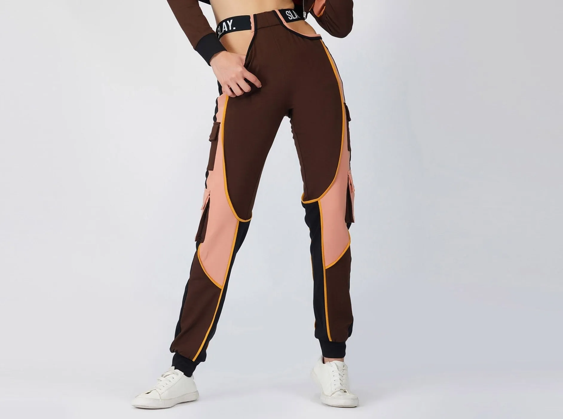 SLAY. Women's Activewear High Waist Brown Colorblock Cargo Jogger Pants Streetwear