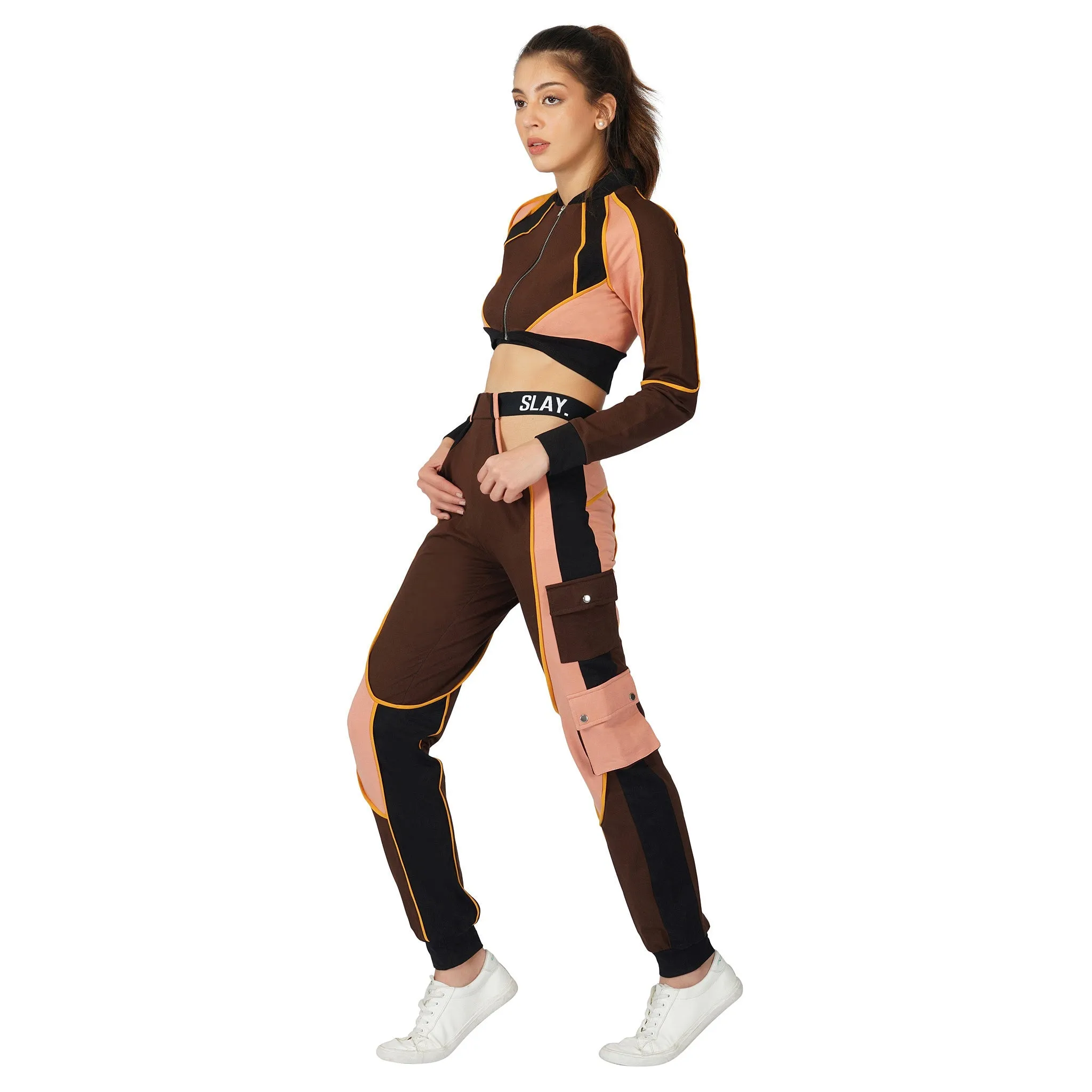 SLAY. Women's Activewear High Waist Brown Colorblock Cargo Jogger Pants Streetwear