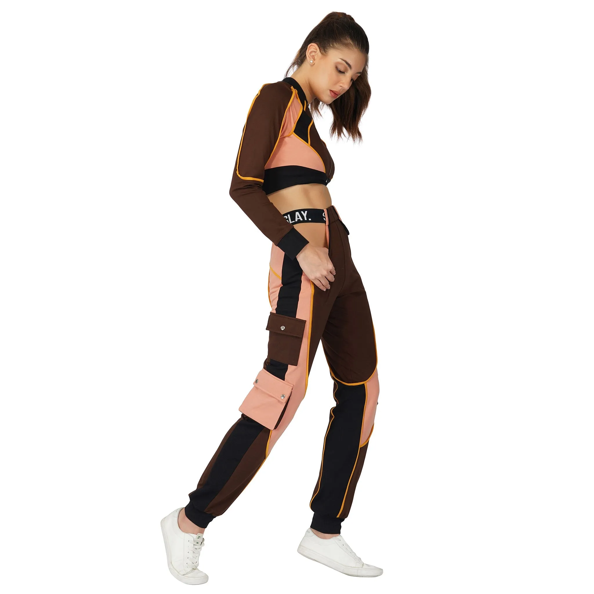 SLAY. Women's Activewear High Waist Brown Colorblock Cargo Jogger Pants Streetwear