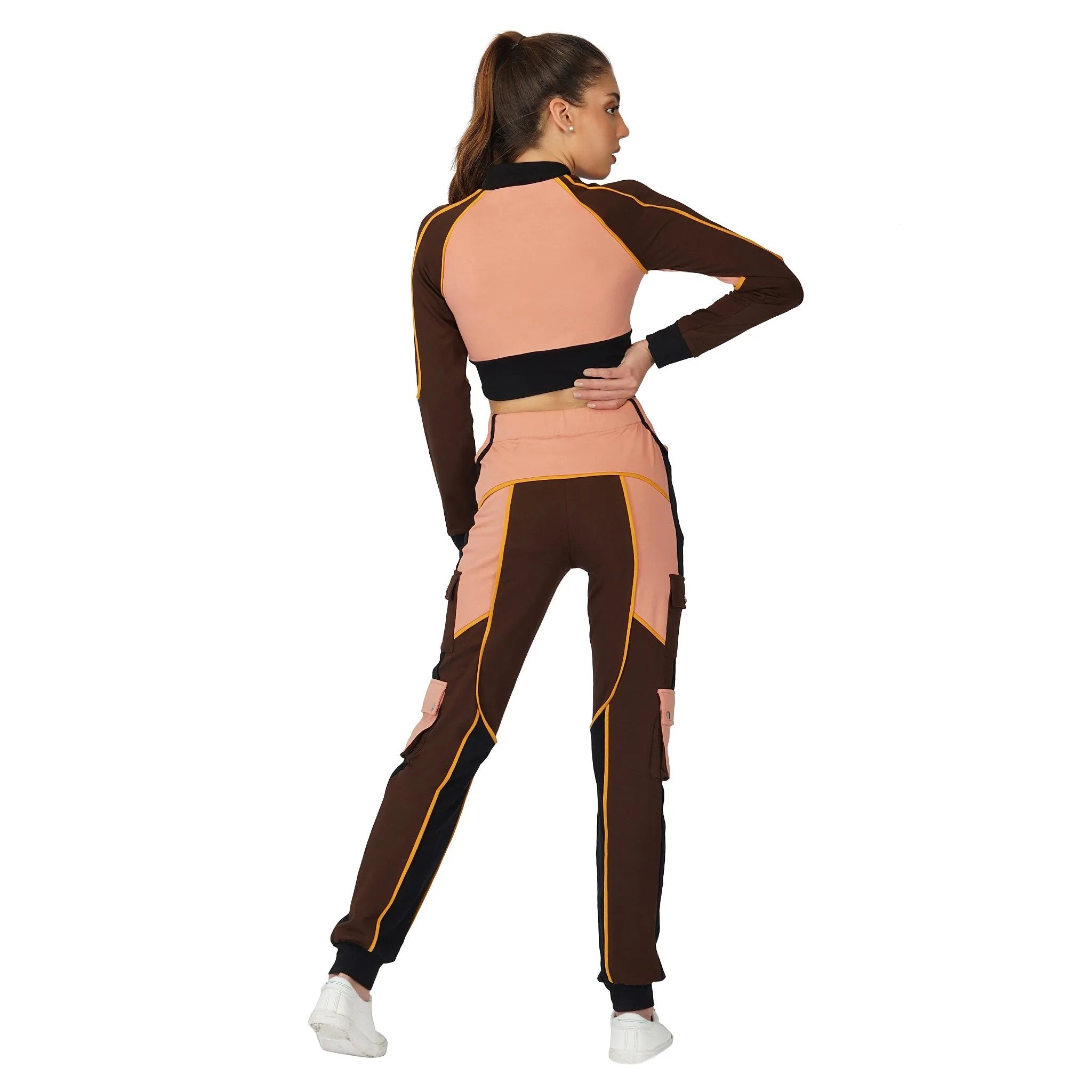 SLAY. Women's Activewear High Waist Brown Colorblock Cargo Jogger Pants Streetwear