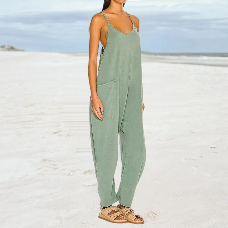 Solid V-Neck Sling Pocket Jumpsuit