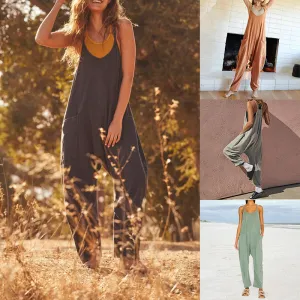 Solid V-Neck Sling Pocket Jumpsuit