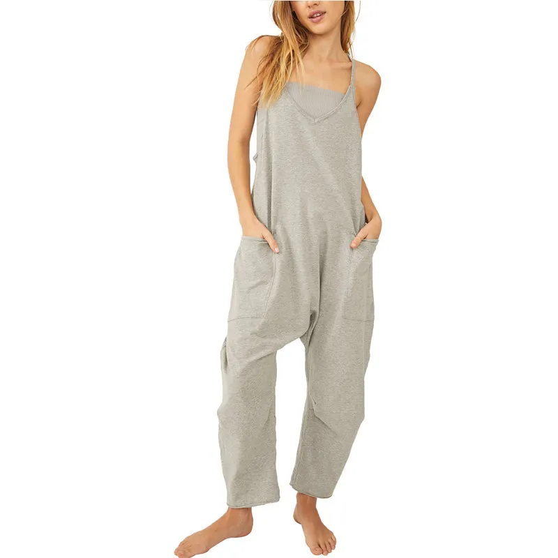 Solid V-Neck Sling Pocket Jumpsuit