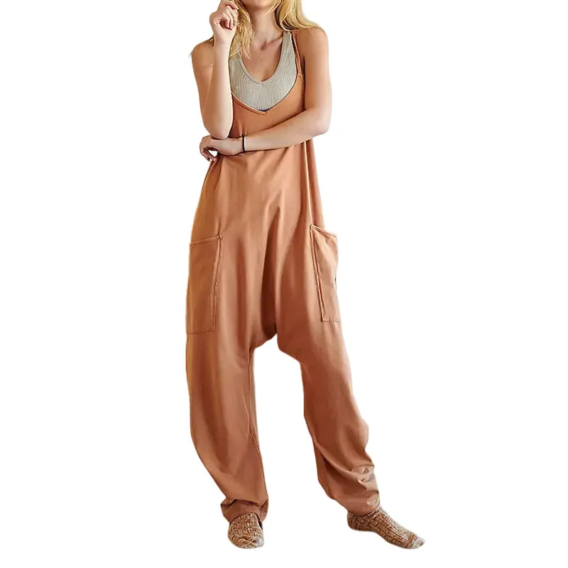 Solid V-Neck Sling Pocket Jumpsuit