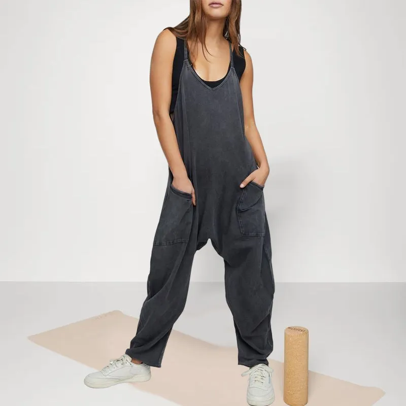 Solid V-Neck Sling Pocket Jumpsuit