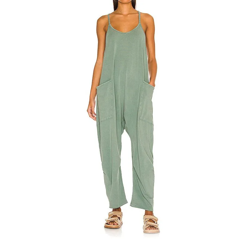 Solid V-Neck Sling Pocket Jumpsuit