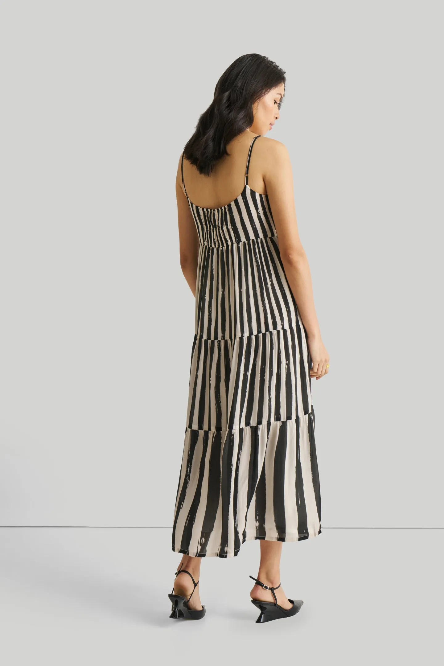 Strappy Tiered Maxi Dress in Black Stripes