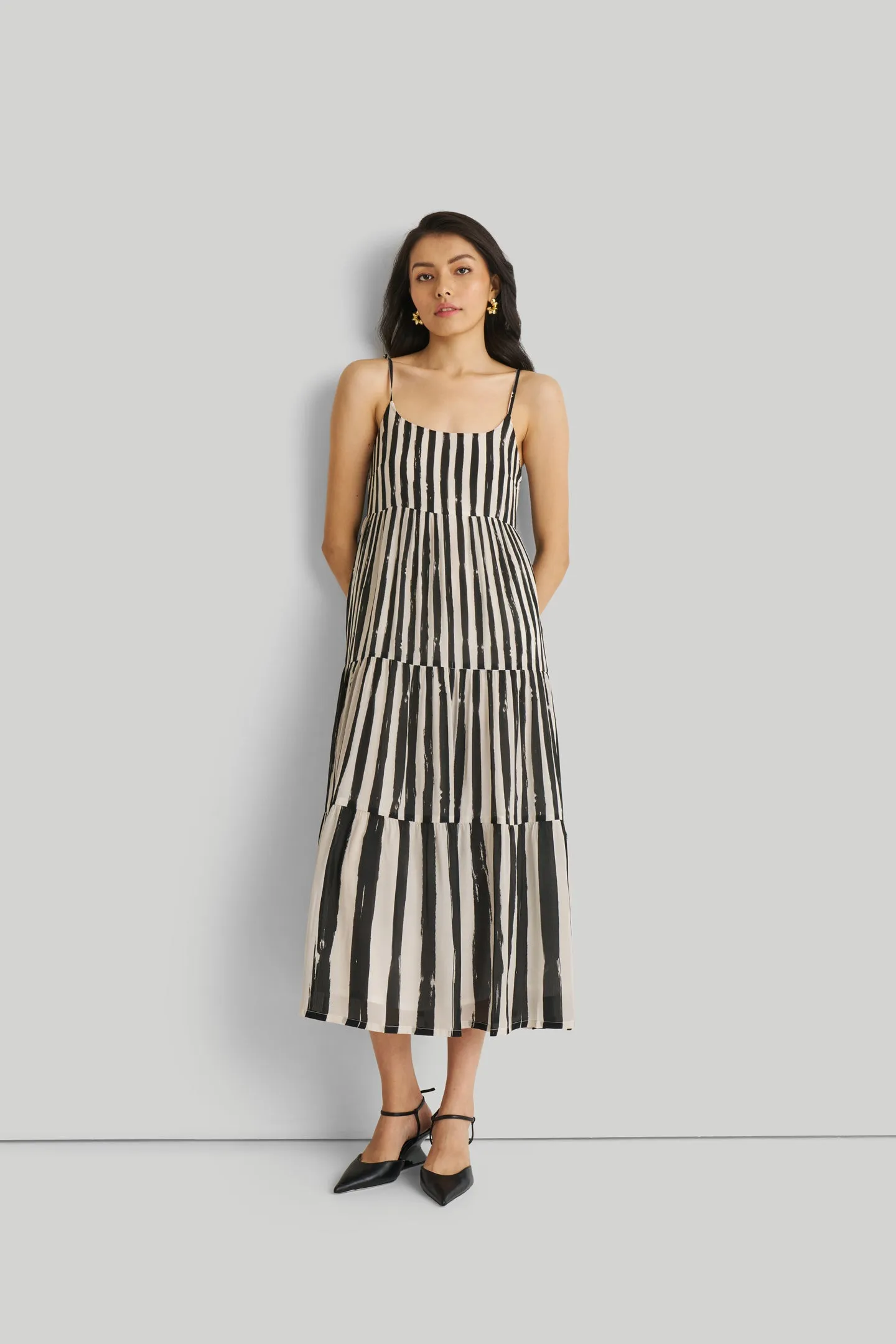 Strappy Tiered Maxi Dress in Black Stripes