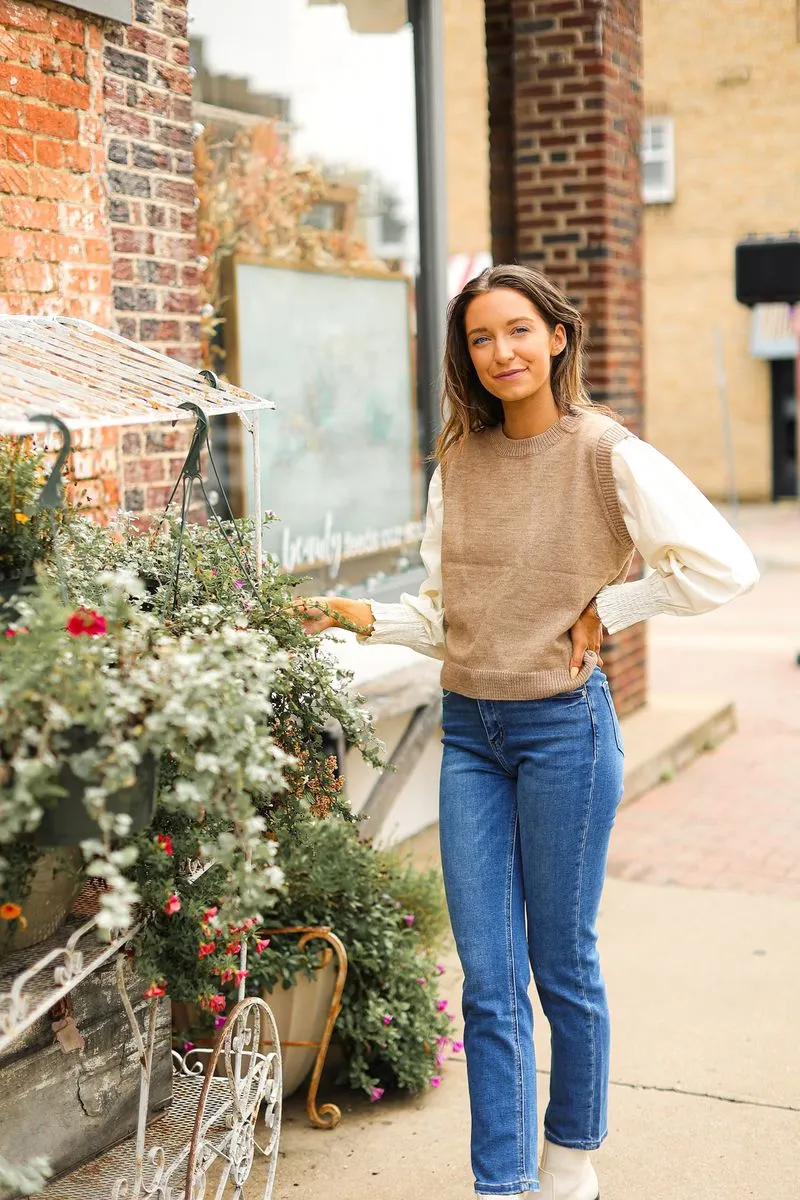 Tan Sweater Vest with Cream Sleeves