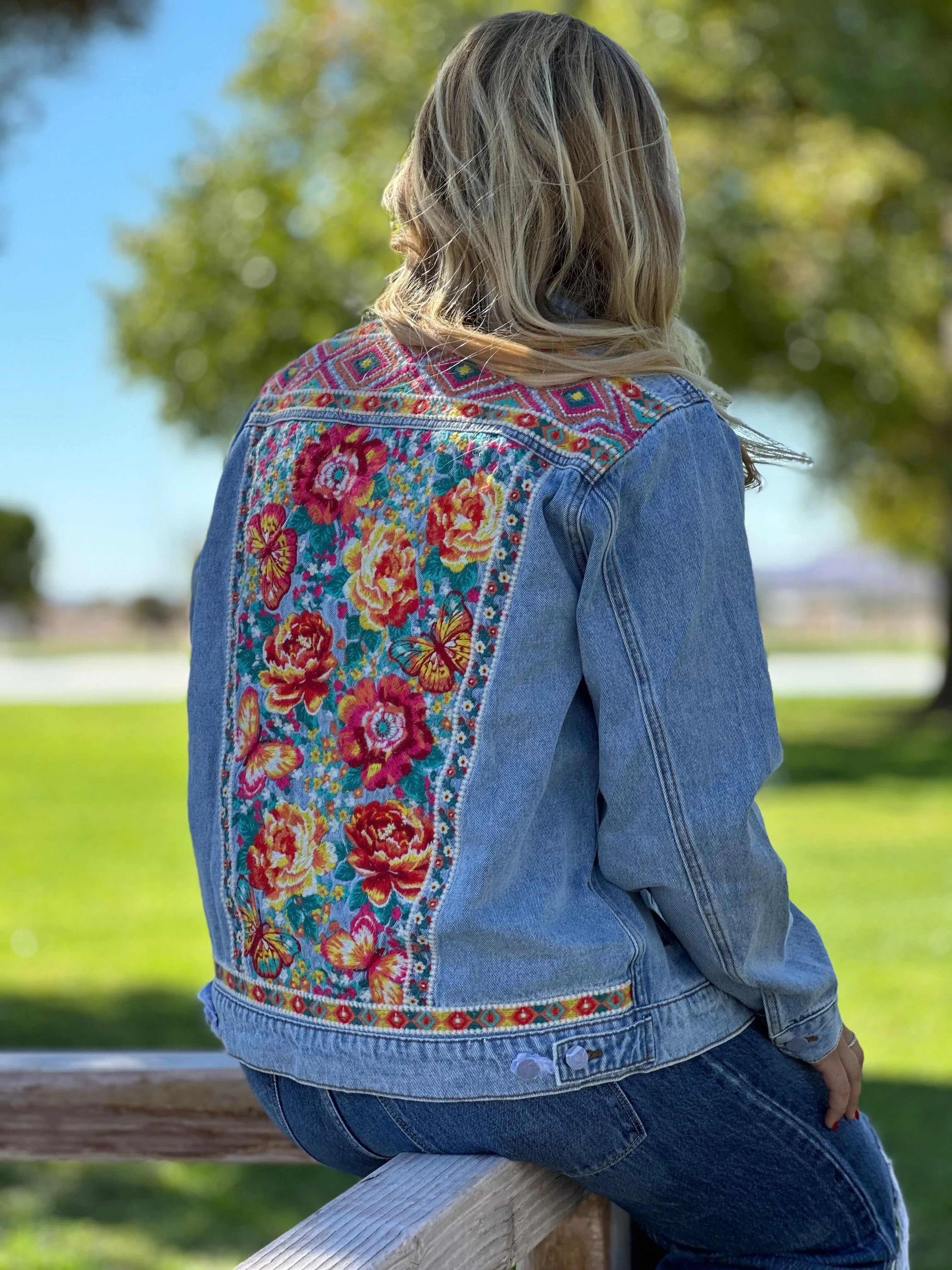 The Call Me Floral Embroidered Denim Jacket