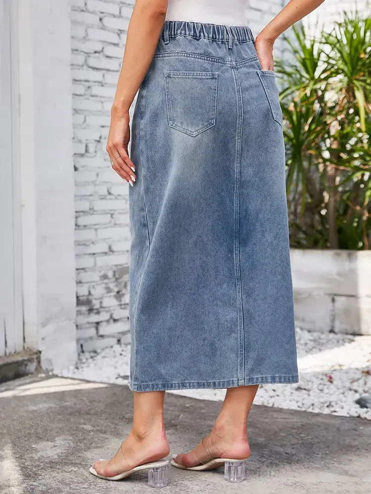 Washed Elastic Waist Denim Midi Skirt