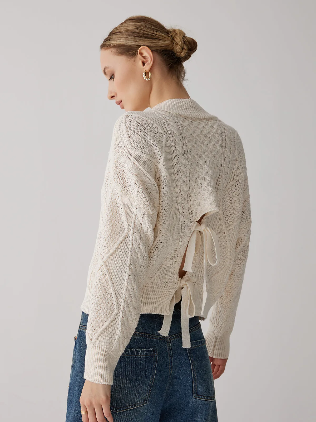 Wenkouban-Christmas Thanksgiving outfits_Cable Knit Graceful Tie Back Sweater